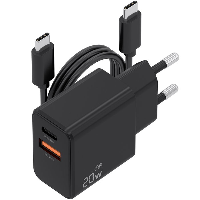 Aisens Cargador de Pared GaN 20W con Cable USB-C, Negro ASCH-20W2P084-BK